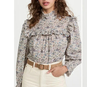 RIXO Lucinda Praire Cottagecore Floral Print Cotton Ruffle Blouse Top Size Small